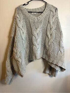 HYFVE Oversized Cable Knit V-Neck Sweater in Light Gray